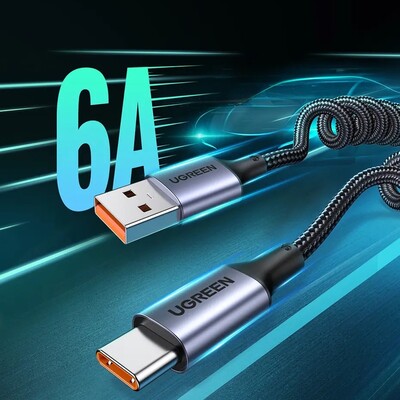 Кабель спиральный Ugreen US554-90790 USB-A to USB-C Coiled Cable 6A, 1.5m(2)