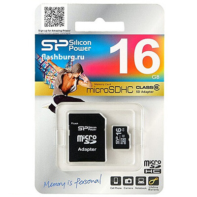 Карта памяти MicroSD(HC) Silicon Power 16GB Class 6+SD адаптер(1)