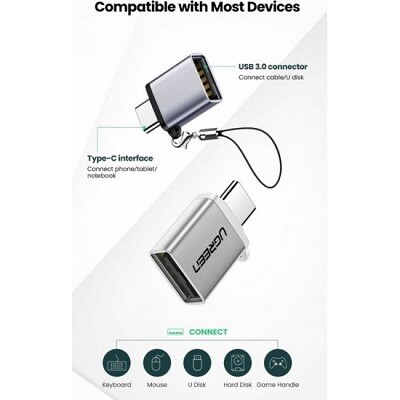 Переходник UGREEN US270-50283, Type C (M) to USB-A 3.0 (F), 5 Gb/s, металлический, серый(4)