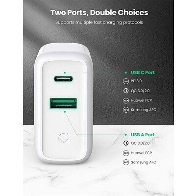 Сетевое зарядное устройтсво UGREEN CD170-60468, USB-A+USB-C, PD 36W Fast Charge, белый(2)