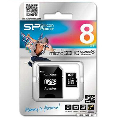 Карта памяти MicroSD(HC) Silicon Power 8GB Class 4+SD адаптер(1)