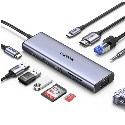Док-станция UGREEN CM498-15601 USB-C To 3*USB 3.0 A+HDMI 4K@30Hz+VGA+RJ45 Gigabit+SD/TF+AUX3.5mm+PD, серый(1)
