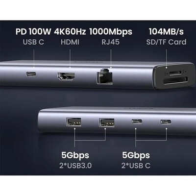 Док-станция UGREEN CM498-15375 9 в 1 USB-C - 2xUSB-A 3.0, 2xUSB-C, HDMI v2.0 4K 60Hz, LAN 1Gbit, SD/TF, PD 100W(2)