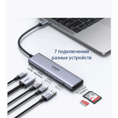 Док-станция UGREEN CM511-45521 7 in1 USB-C To HDMI 4K@60Hz+2xUSB-C 3.2+1xUSB-A 3.2+SD/TF+PD(3)