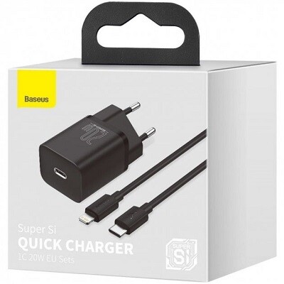 Сетевое зарядное устройство Baseus TZCCSUP-B01 Super Si Quick Charger Type-C 20W (кабель Type-C-Lightning 1m) черное(10)