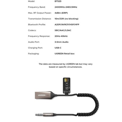 Автомобильный Bluetooth 6.0 адаптер UGREEN BT525-85428 с поддержкой LDAC Hi-Res Audio(11)