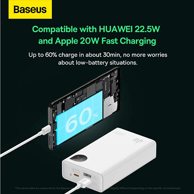 Внешний аккумулятор Baseus Adaman2 Digital Display Fast Charge Power Bank 20000mAh 30W (VOOC Edition) с кабелем USB to Type-C 3A 0.3m (PPAD050002, PPAD080102) белый(6)