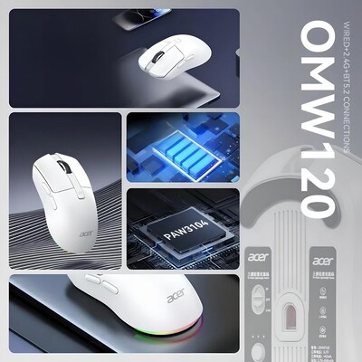 Компьютерная мышь Acer OMW120 USB/Bluetooth 2,4 ГГц RGB 8000 DPI белый(9)