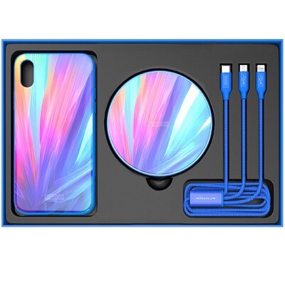 Подарочный комплект Nillkin Fancy (беспроводное ЗУ + чехол+кабель 3в1) синий для Apple iPhone Xs(1)