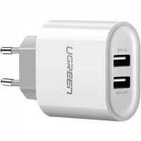 Сетевое зарядное устройство UGREEN CD104-20384, 2 USB-A, 5V/3.4A (2.4A+1A), белое