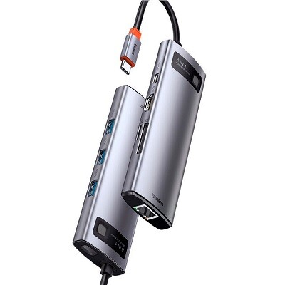Хаб Baseus CAHUB-CV0G Metal Gleam Series 8-in-1 Multifunctional Type-C HUB Docking Station, Type-C to 3xUSB3.0+HDMI(4k@30Hz)+RJ45(1Gb/s)+SD/TF+PD100W, серый(6)