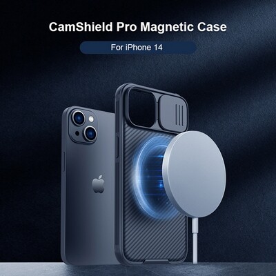 Чехол-накладка с пластиной Magsafe Nillkin CamShield Pro Magnetic Синяя для Apple iPhone 14(10)