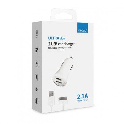 Автомобильное зарядное устройство Deppa Charger Ultra Duo 2 USB 2.1A 30-pin для Apple iPhone/iPad(2)