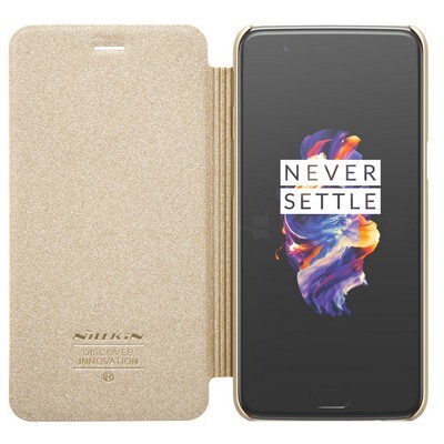 Полиуретановый чехол книга Nillkin Sparkle Leather Case Gold для OnePlus 5(3)
