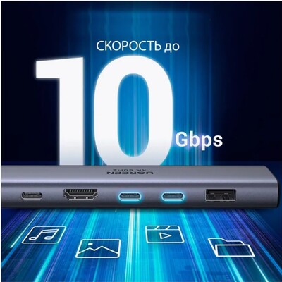 Док-станция UGREEN CM511-45521 7 in1 USB-C To HDMI 4K@60Hz+2xUSB-C 3.2+1xUSB-A 3.2+SD/TF+PD(4)