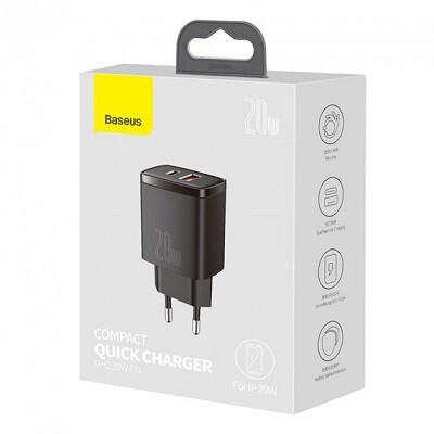 Сетевое зарядное устройство Baseus CCXJ-B01 Compact Quick Charger USB+Type-C 20W черный(5)